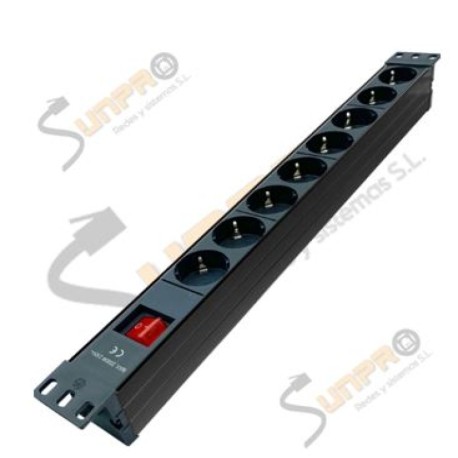 Regleta PDU 19" 1U 8 schukos con interruptor en PVC negro Sunpro