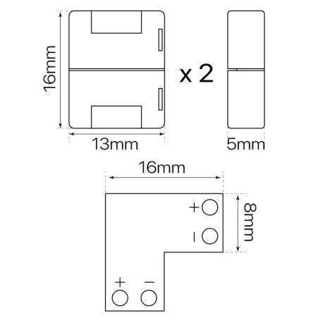 Conector L monocolor 2 pin tiras led 8mm y 10mm I-TEC