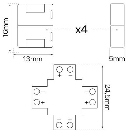 Conector X monocolor 2 pin tiras led 8mm y 10mm I-TEC