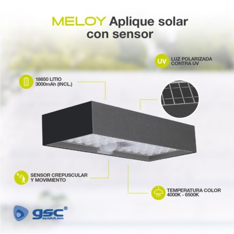 Aplique solar LED Meloy sensor crepuscular y movimiento 6W IP65 GSC