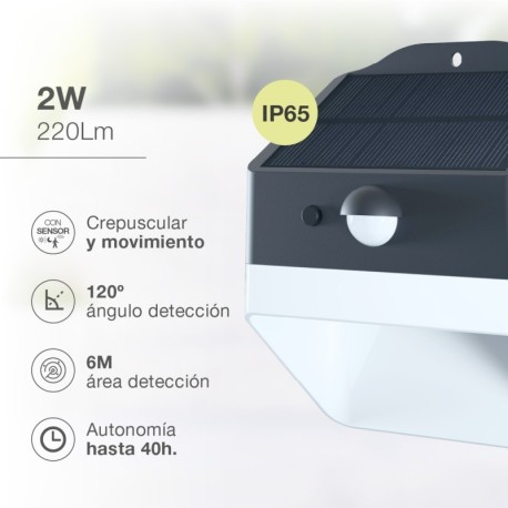 Aplique solar LED Senise c/ sensor de movimiento y crepuscular 2W GSC