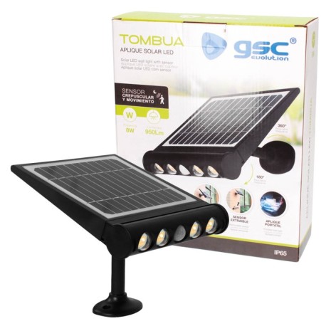 Aplique solar LED Tombua sensor movimiento/crepuscular 8W negro GSC