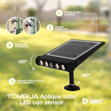 Aplique solar LED Tombua sensor movimiento/crepuscular 8W negro GSC