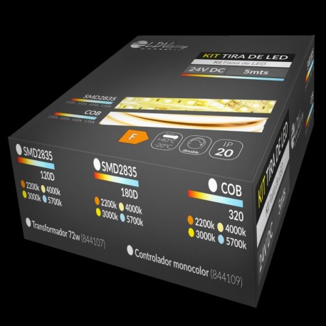 Kit-2 Tira led COB 10w 24v 5mt +transf 72w c/ench +cont  LDVlighting